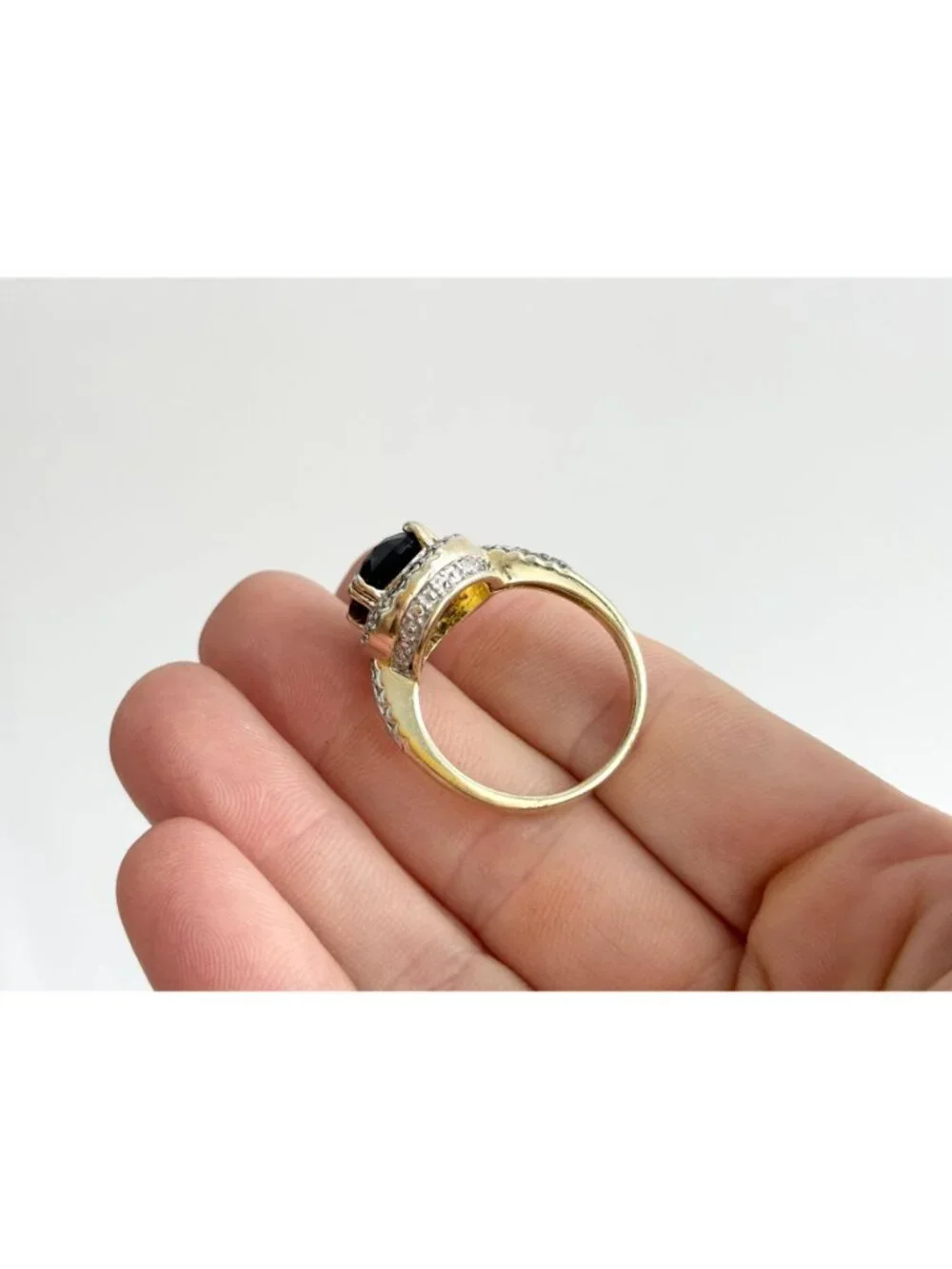Jumbo Black Onyx Vermeil Gold Overlay Sterling Silver 925 Vintage Ring - sz 10